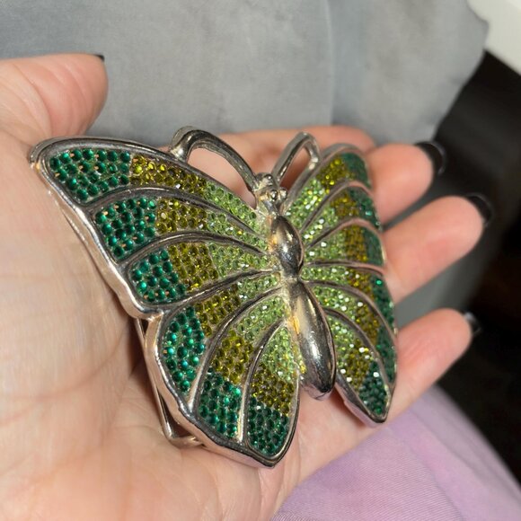 Butterfly Belt Buckle Vintage 80s Green Rhinestone Statement 4\